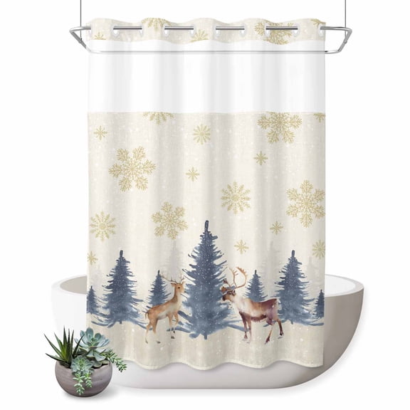 No Hook Shower Curtain with Built-in Rings - Christmas Elks Washable Waterproof Fabric Bathroom Curtains for Hotel,Rentals, 60 X 72 Inch Long , Blue Winter Forest Gold Snowflake Linen
