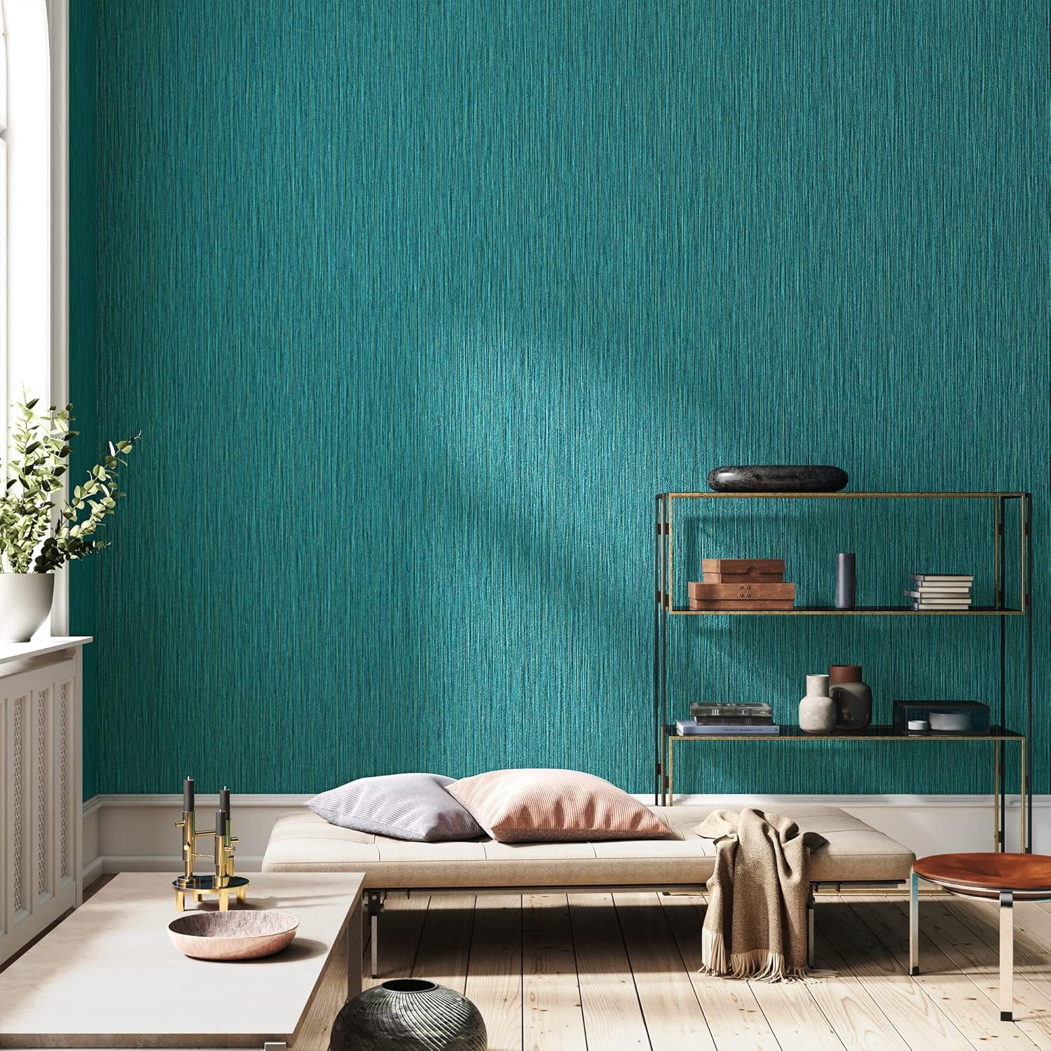 Grasscloth Wallpaper Textured 24in X 393in Fabric Contact Paper Teal Green Wall Paper Textured Linen Wallpaper Peel and Stick Self-Adhesive Teal Thick Vinyl Embossed Film (Green)