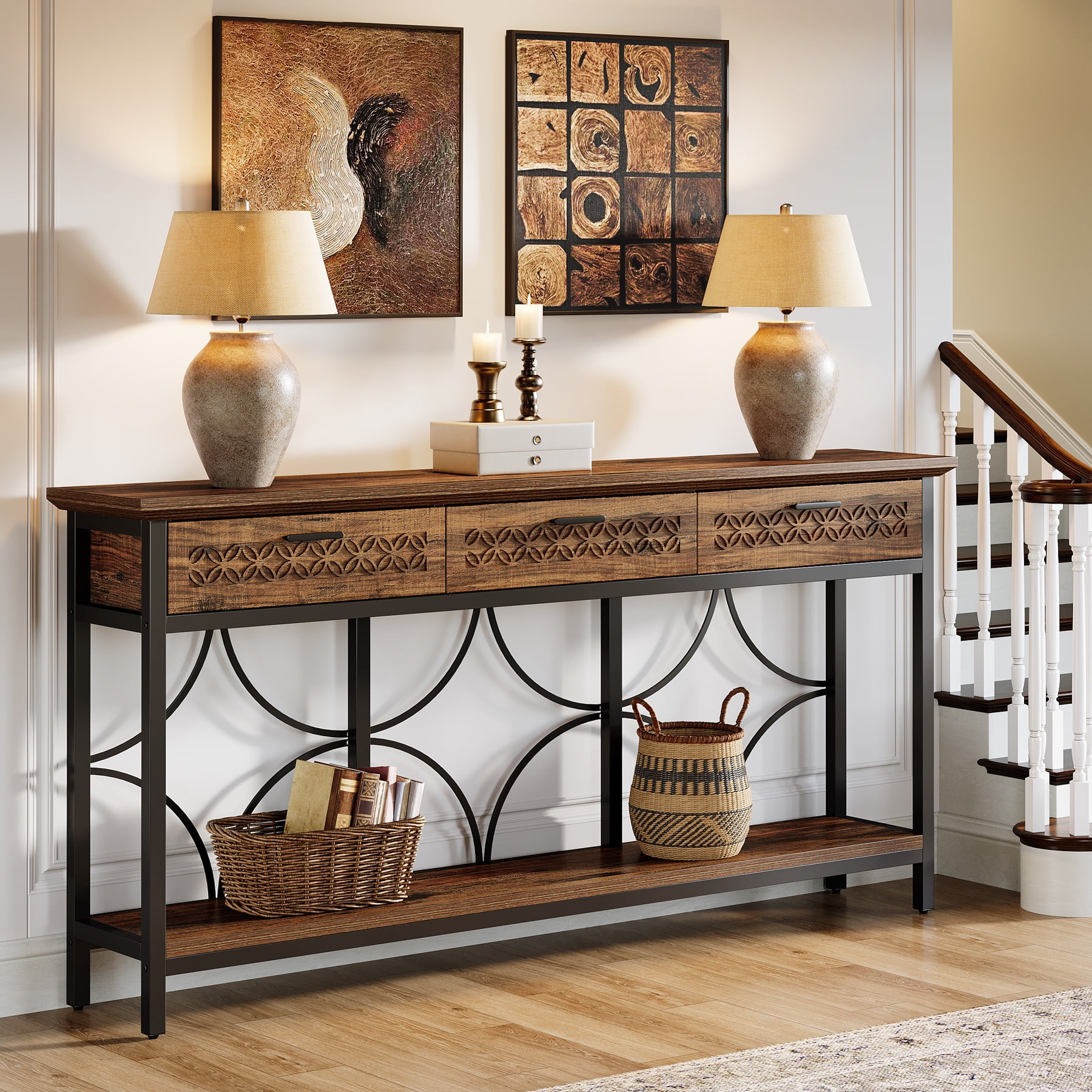 Tribesigns 70.9" Extra Long Console Table with Drawers, Farmhouse Entryway Table with Storage, Wood Behind Couch Sofa Table Accent Table for Entryway, Living Room, Hallway