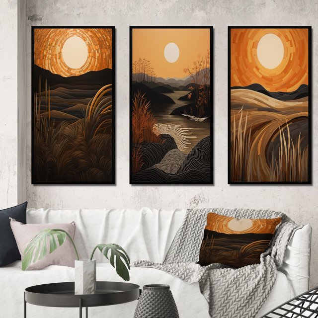 Designart "Retro Mountain Meadows Golden Sunset III" Meadow Framed Wall Art Set Of 3 - Orange Traditional Frame Gallery Set For Office Decor