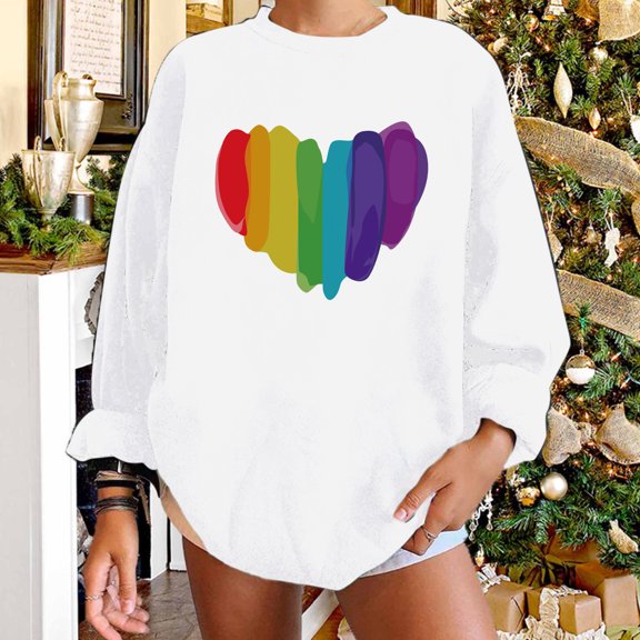 EQWLJWE Womens Sweatshirts with Colorful Heart Graphic Print Long Sleeve Crew Neck Rainbow Pullover Valentines Day Shirts Lightweight