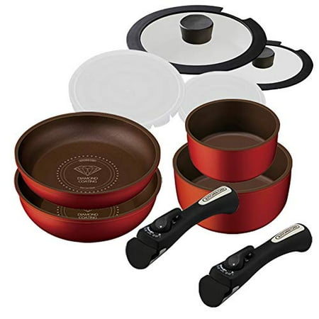 

Iris Ohyama Frying Pan Pot Set Frying Pan Set 10 Piece Set 26 cm 20 cm Gas Fire IH Compatible Diamond Coat Diamond Coat Pan Handle Red H-IS-SE10