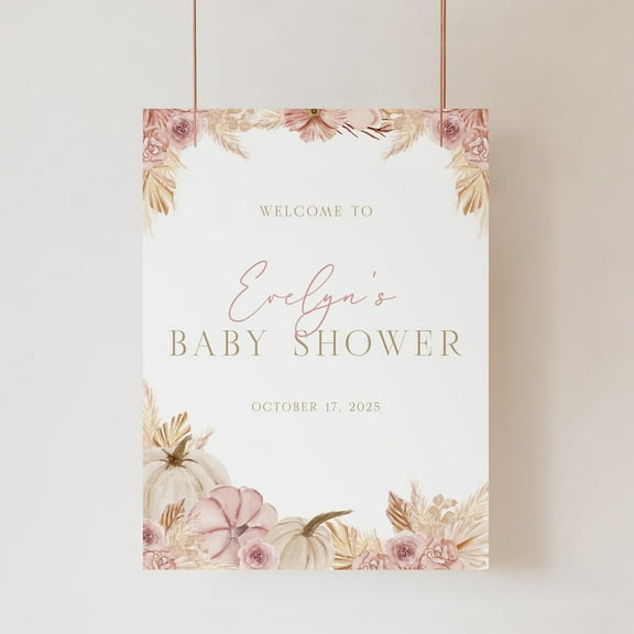 Zuno Editable Pink Pumpkin Baby Shower Welcome Sign, Boho Baby Shower Welcome Poster, Pink Boho Fall Pumpkin, Template - Adeline- Wall Art Print, 8x12 UNFRAMED