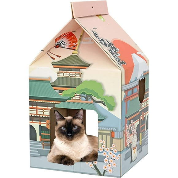 Cardboard Cat House with Scratcher, Foldable Milk Box Playhouse Cardboard Box Toy for Indoor Cats Condos Kittens Claw Grinder Hideaway A Gift for Kittens Rabbits (Nagoya)
