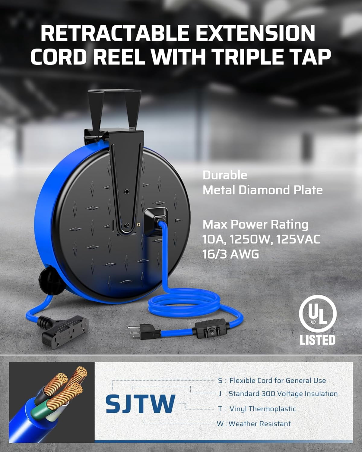 30FT Extension Cord Reel, 16/3 Gauge SJTW Power Cord, Retractable Cord Reel with 3 Outlets, Ceiling/Wall Mount for Garage, Workshop, 10A Circuit Breaker, Metal Plate, UL Listed, Blue