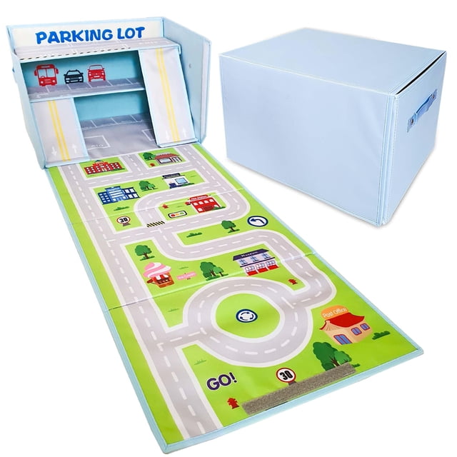 Cesta de almacenamiento Sam and Mabel para coche de juguete con alfombra de coche, tapete de juego