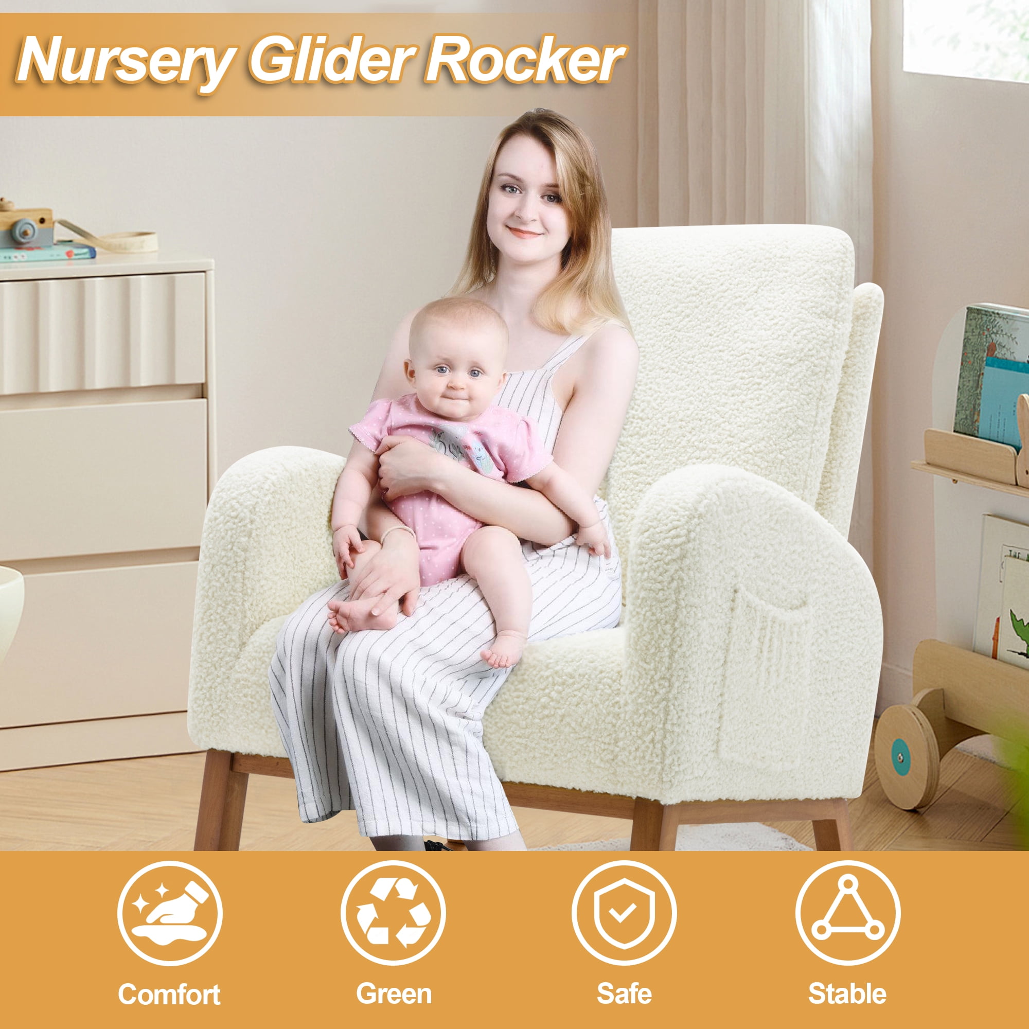 Lunale Rocking Chair for Nursery, High Back Adults Glider Rocker for Living Room, White Teddy