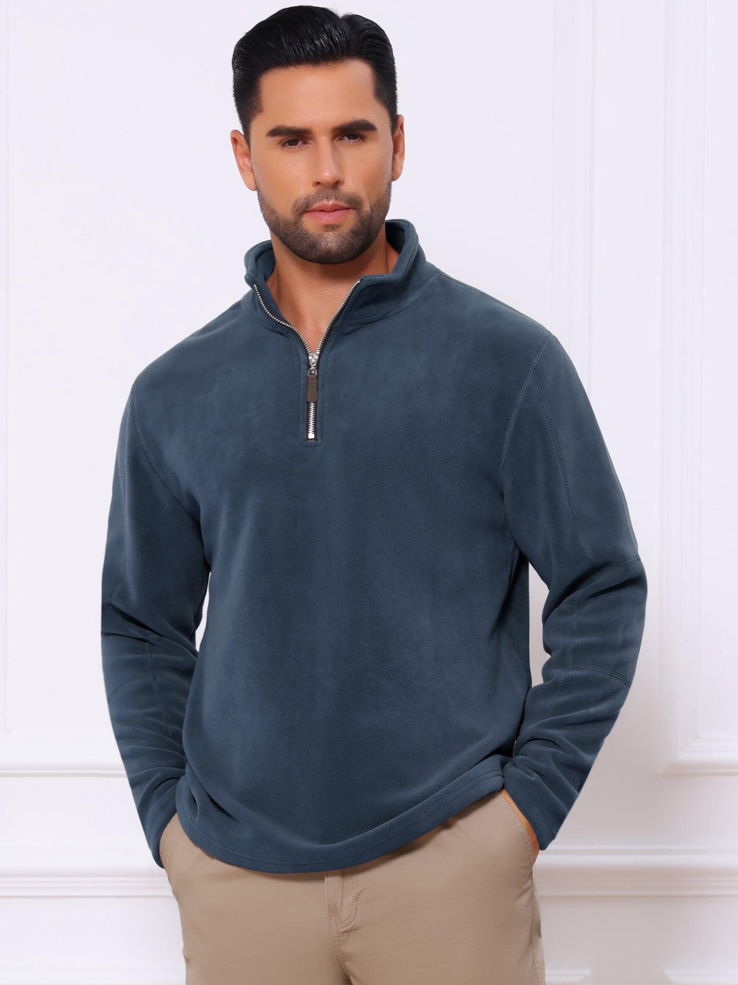 DARING DIVA Men's Solid Stand Collar Half-Zip Long Sleeve Fleece Sweatshirt L Navy Blue