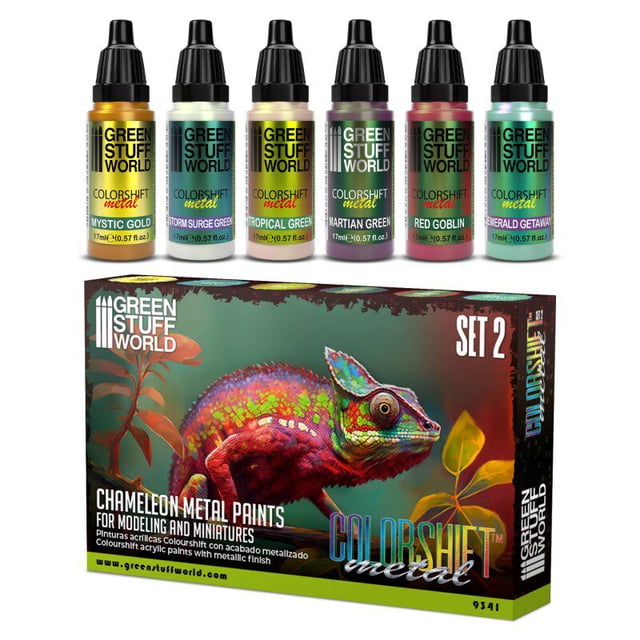 Green Stuff World ColorShift Chameleon Metal Paint Set 2, 6×17ml Dropper Acrylic Paints for Hobbyist & Expert Scale Model Makers, Light-Shifting Iridescent Pigments