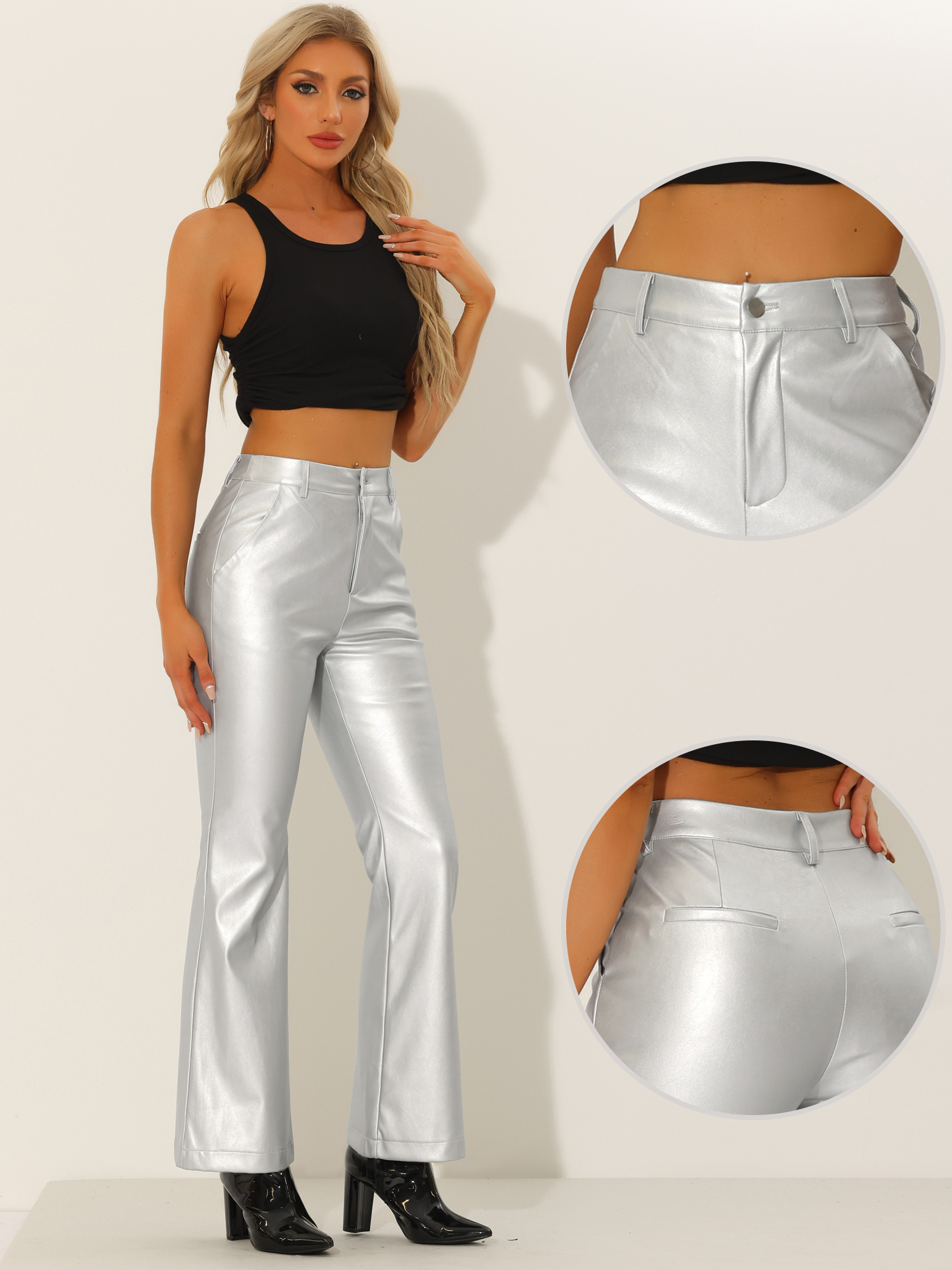 DARING DIVA Women's Faux Leather Flared High Waist Bell Bottom PU Trousers S Silver