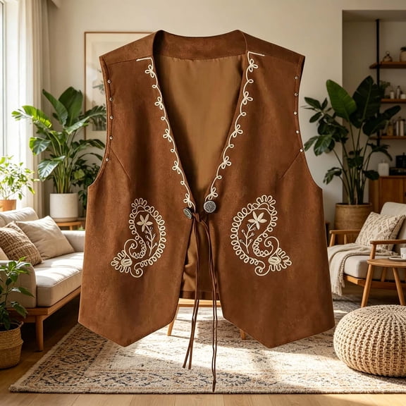 SwiftWear Women's Vest Open Front Boho Embroidered Suede Vest with Tassel Tie Waist Western Style Casual Loose Fit Sleeveless Jacket