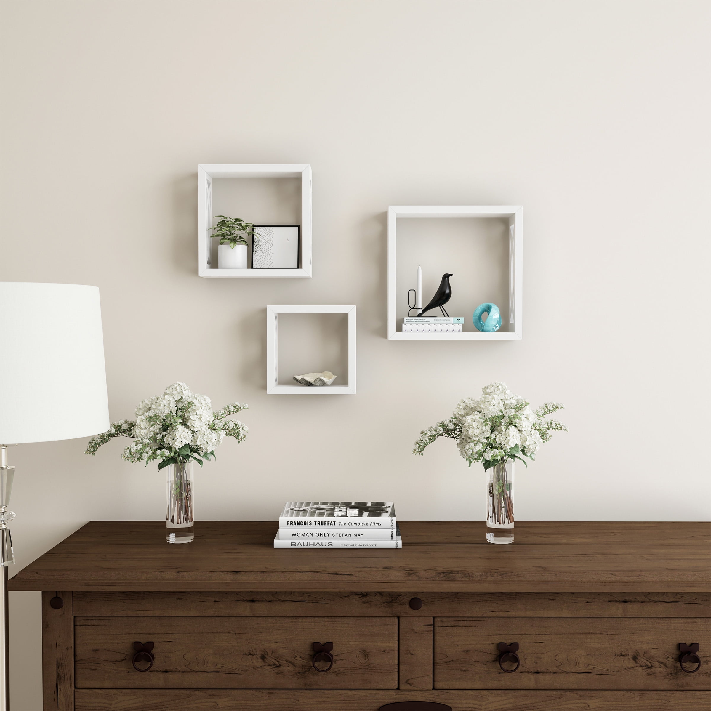Floating Shelves- Open Cube Wall Shelf Set with Hidden Brackets, 3 Sizes to Display Decor, Photos, More- Hardware Included by Lavish Home (White)