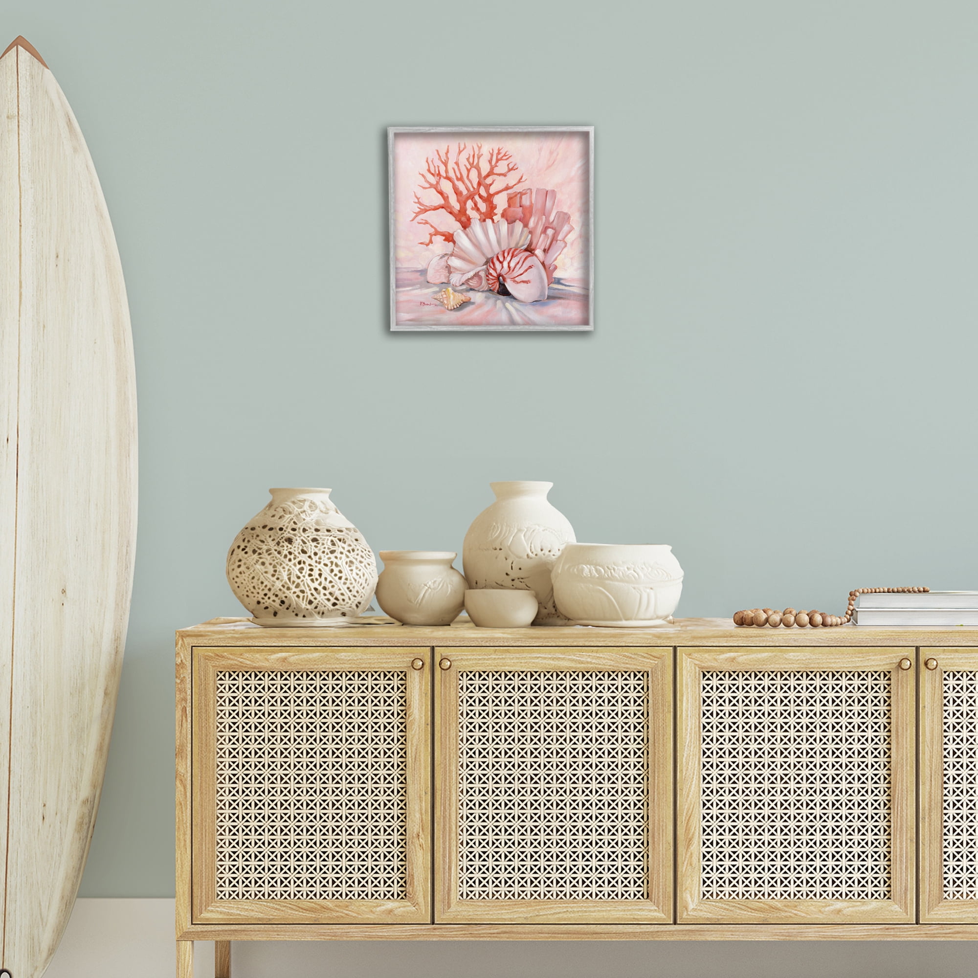 Stupell Industries Pink Coral Still Life Animals & Insects Painting Gray Framed Art Print Wall Art, 17 x 17
