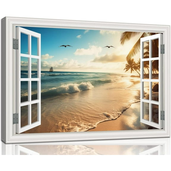 Beach Pictures Wall Art Decor for Living Room Ocean Wall Art Painting Fake Window Frame Style Sea Birds Canvas Print Blue Coastal Artwork for Bedroom Home Office Kitchen Decoration 20x16 inch