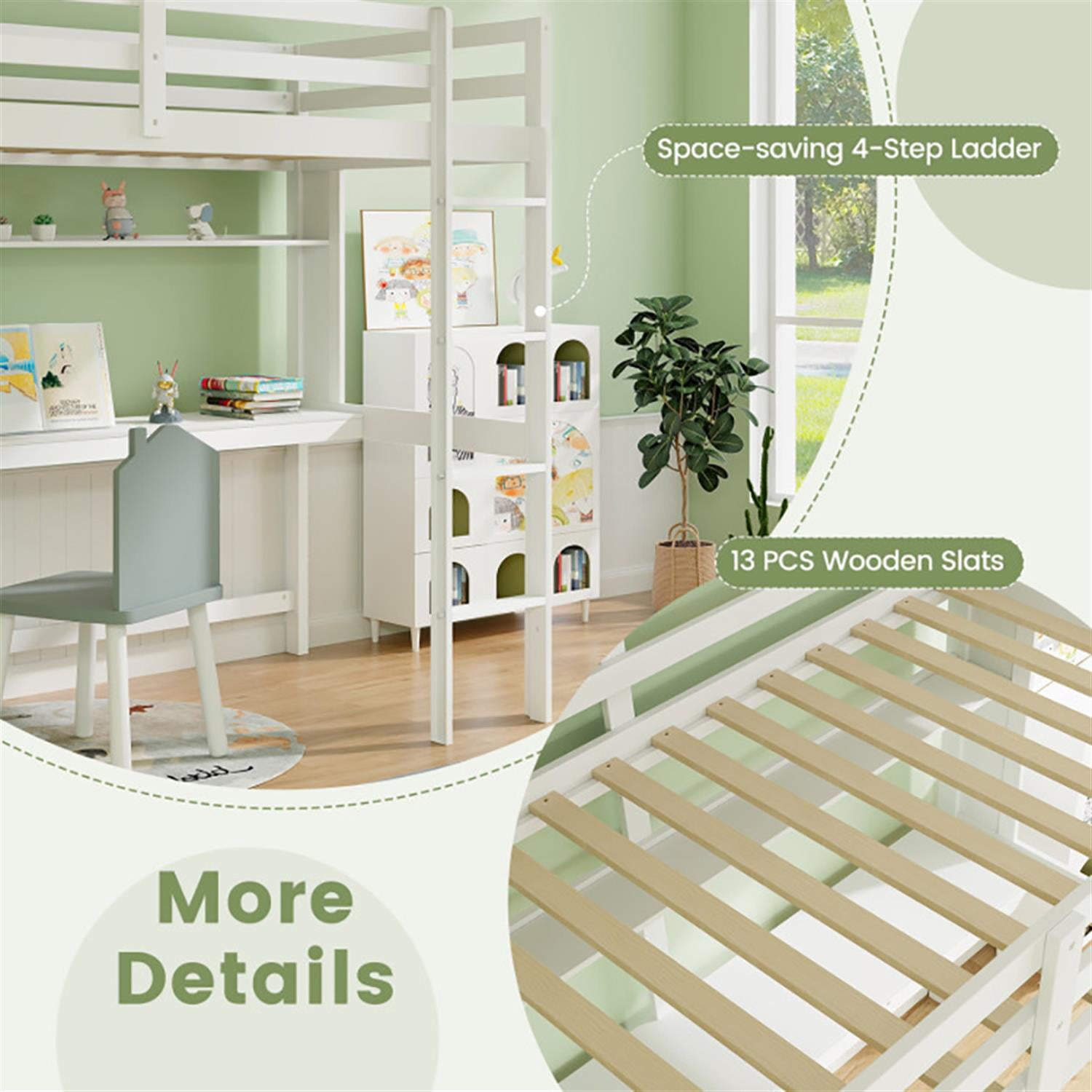 Demi Bonn Loft Bed Twin Size, Solid Wood Low Loft Bed with Guard Rail and Ladder, Modern Wooden Loft Bunk Bed Frame, White