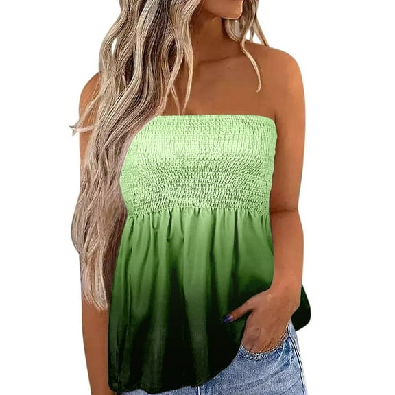 Black & Friday Deals Usmixi Womens Tank Tops Beach Vacation Fashion Elastic Waist Pleated Hem Sexy Strapless Shirts Summer Trendy Gradient Print One-line Neck Sleeveless Shirts Blouse Green m