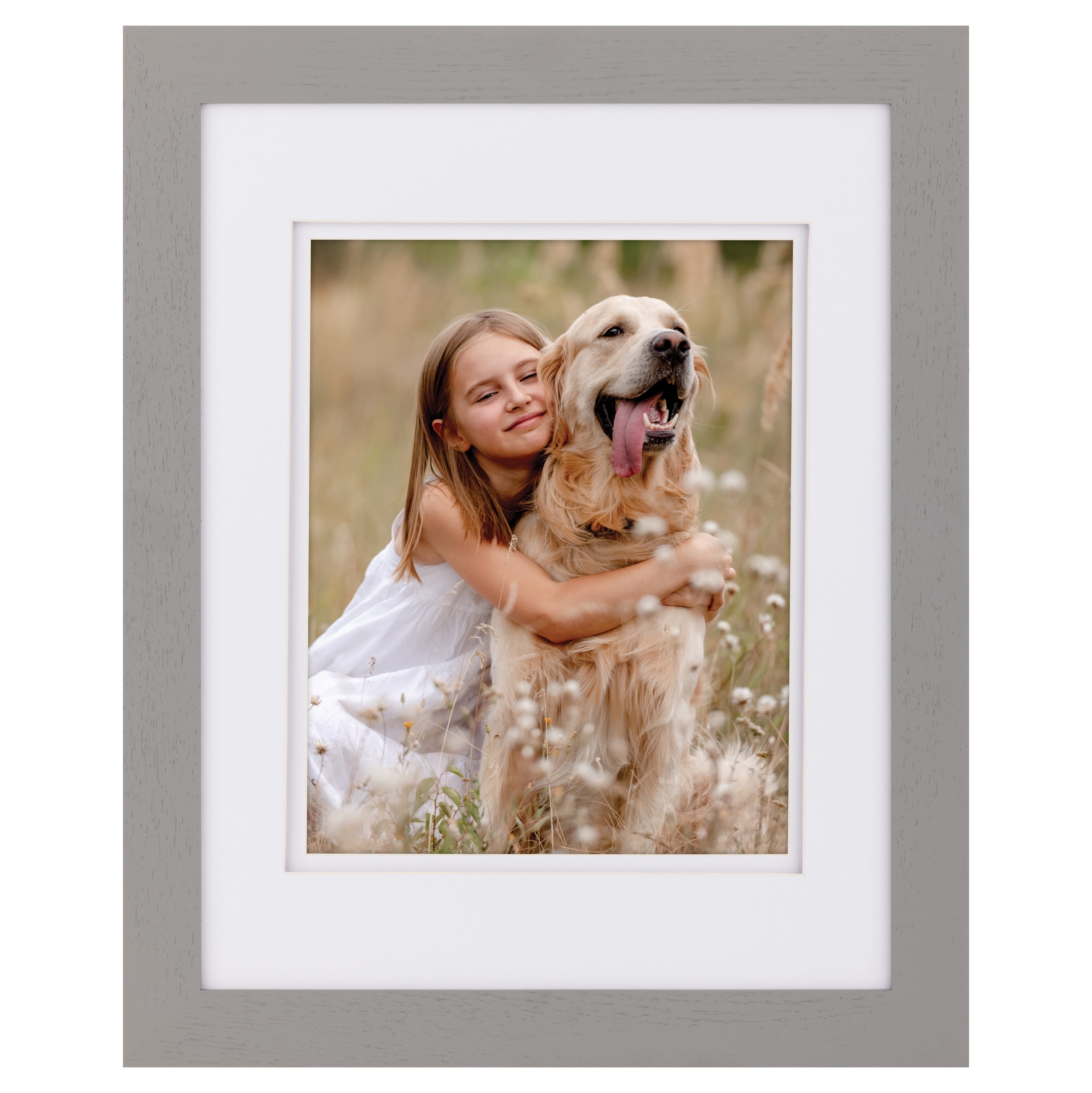 Gallery Solutions Flat Grey Picture Frame Double White Mat Airfloat Wall Display 11" x 14" for 8" x 10" Photos 1-pack