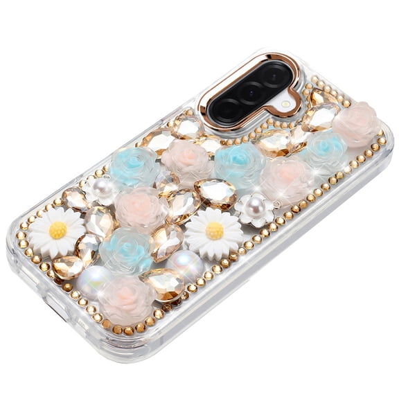 XPM for Samsung Galaxy A17 5G Phone Case, Fashion Daisy Floral Series, Full 3D Bling Crystal Diamonds Sparkling Rhinestone Glitter Hybrid Design Cover for Galaxy A17 (Gold)