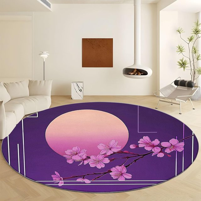 Round Area Rug 8ft Purple Lines, Sun, Flowers Faux Wool Round Rug Washable Non-Slip Circle Rug, Soft Kids Rug Throw Rugs for Living Room/Bedroom/Office/Entryway/Kitchen