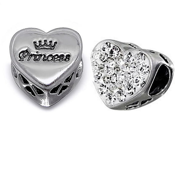 .925 Sterling Silver "Heart  w/ Rhinestone Clears Princess"  Charm Spacer Bead for Snake Chain Charm Bracelet