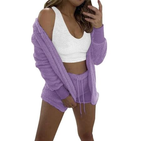 

noarlalf sweatpants women women s wear winter plush home wear casual 3 piece pajamas long sleeved shorts sports suit shorts for women