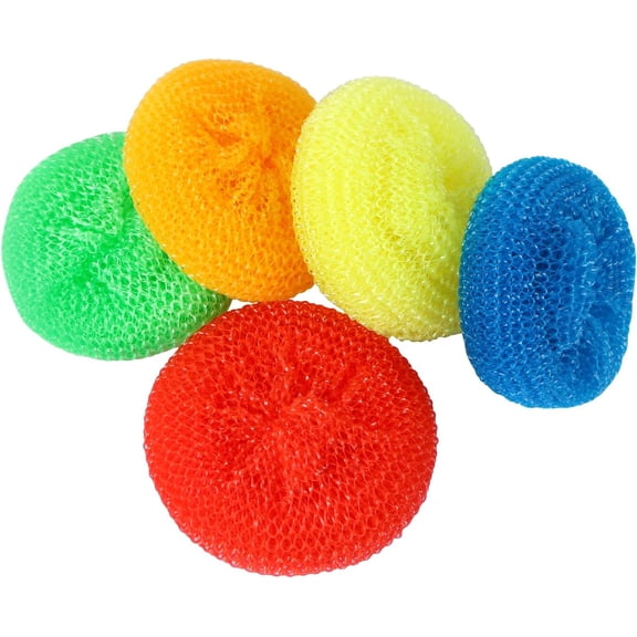 Plastic Dish Scrubbers, 5-Pack Non-Scratch Poly Mesh Scouring Pads, Heavy Duty Pot and Pan Cleaner for Nonstick Cookware, Random Color, 3.5 Inches