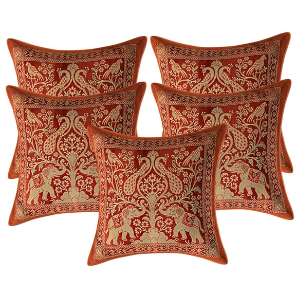 Stylo Culture Ethnic Settee Sofa Throw Pillow Covers 12 x 12 Jacquard Peacock Brown Square 30cm x 30cm Home Decor Brocade Elephant Zippered Cushion Covers | Set Of 5