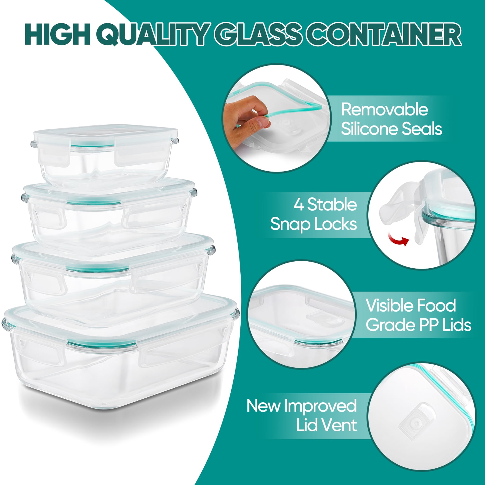 Vesteel 7 Pack Glass Food Storage Containers Set with Airtight Lid, Glass Meal Prep Containers with Vented Lid for Kitchen, BPA-Free Bento Lunch Box , Microwave, Freezer & Dishwasher Safe