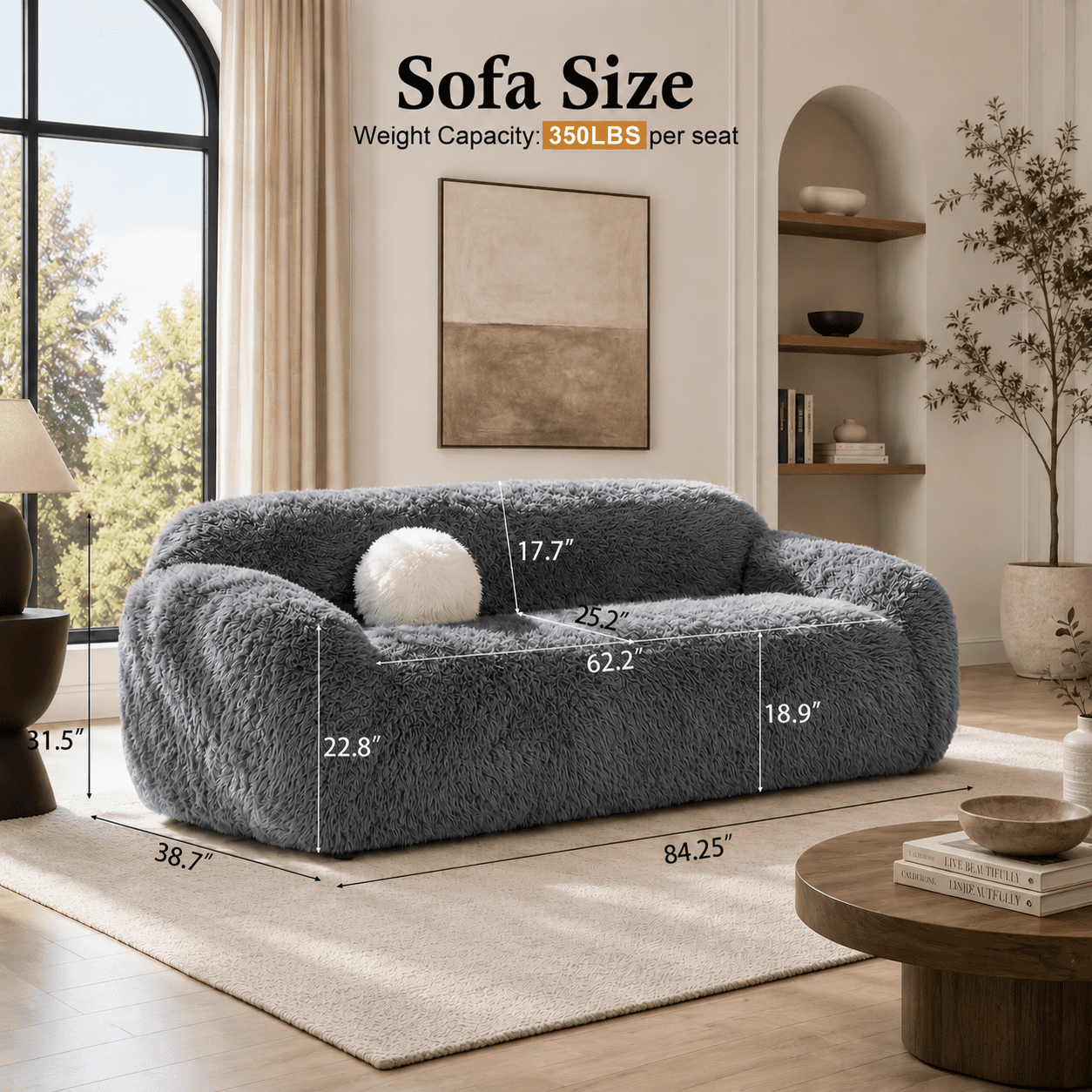 Aenkyo 84 Inch Plush Faux Fur Sofa, 25 Inch Deep Seat 3-Seater Couch with Ball Pillow, Gray