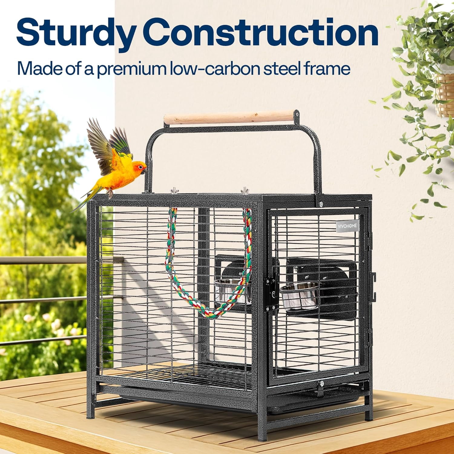 19 Inch Wrought Iron Bird Travel Carrier Cage for Parrots Conures Lovebird Cockatiel Parakeets Black