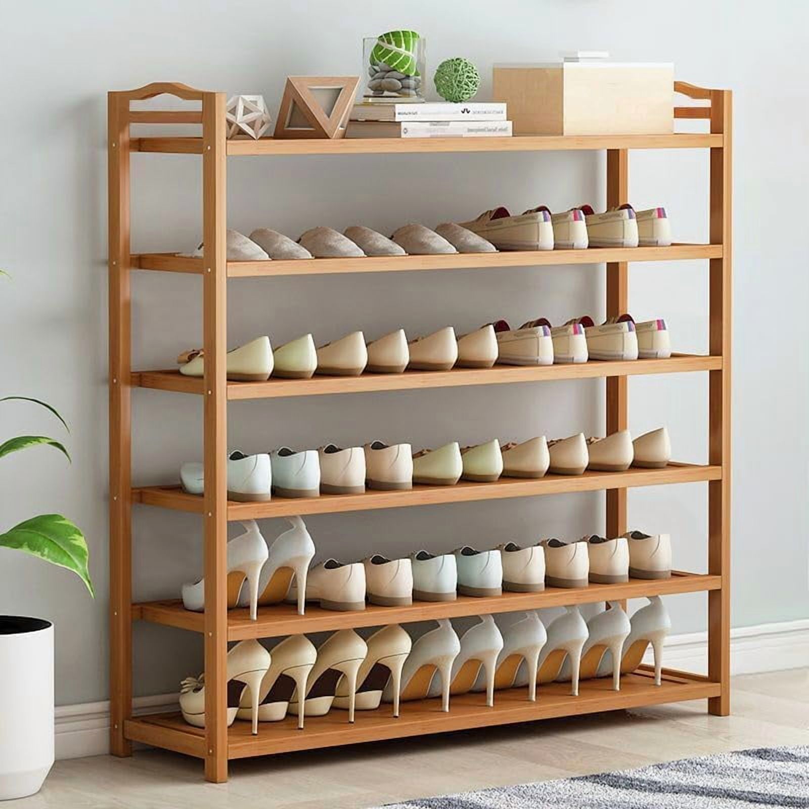 Bamboo Shoe Rack for Closet, 6 Tier Wooden Stackable Shoe Organizer, Free Standing Shoes Storage Shelf for Entryway, Front Door Entrance, Natural