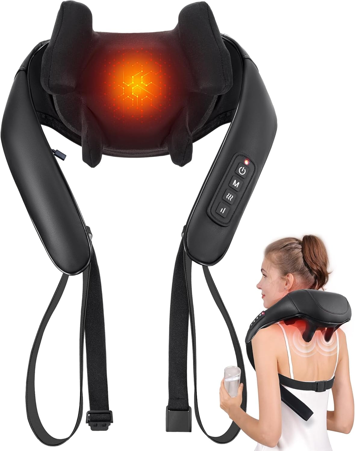 Cordless Neck Massager with Heat, Shiatsu Neck and Back Massager for Pain Relief Deep Tissue, Electric 3D Kneading Massage Pillow for Shoulder, Leg, Body Muscle Pain Relief, Home, Office, and Car Use