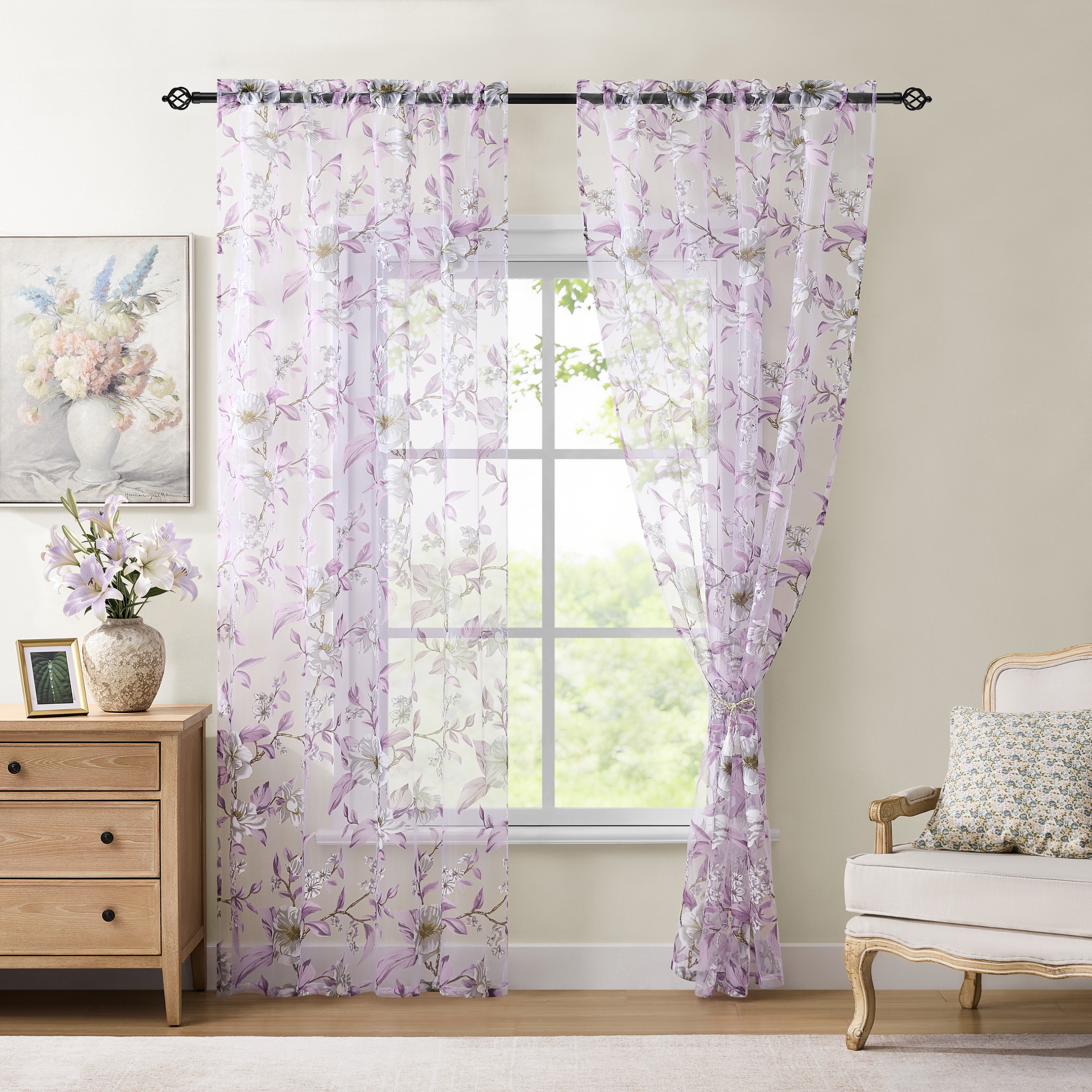 Muuphra Farmhouse Purple Burnout Floral Semi Sheer Curtains for Living Room Bedroom Girl's Room ,2 Panels Set,55Γ63"