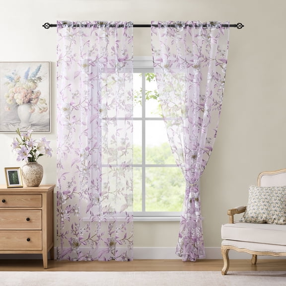 Muuphra Farmhouse Purple Burnout Floral Semi Sheer Curtains for Living Room Bedroom Girl's Room ,2 Panels Set,55×63"