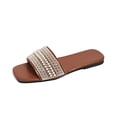 thumbnail image 6 of Narveanno Women's Pearl Decor Square Toe Sandals Leather Open Toe Flat Slip On Slides Brown 9.5, 6 of 7