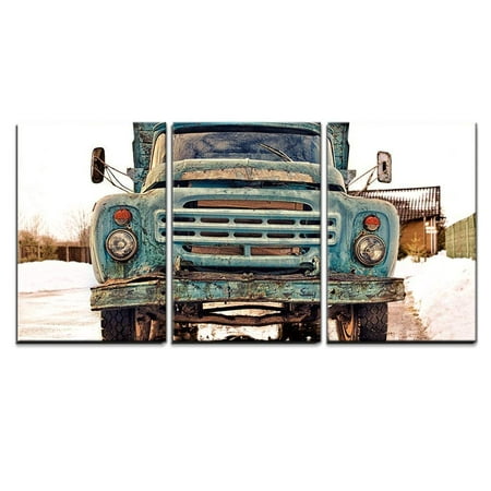 wall26 - 3 Piece Canvas Wall Art - Old Vintage Rusty Soviet-Style Blue Truck - Modern Home Decor Stretched and Framed Ready to Hang - 16