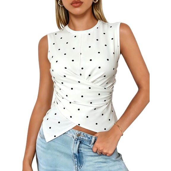 LMLYSoH Women’s Sleeveless Tank Tops Dot/Stripe Print Summer Crew Neck Draped Front Slim Fit Vest