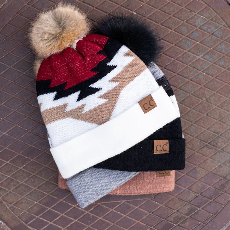 C.C Aztec Pom Beanie Bundle - 3 Colors (Dk Grey, White, Black) CC Beanie with Pom & Aztec Pattern - Walmart.com main image 2