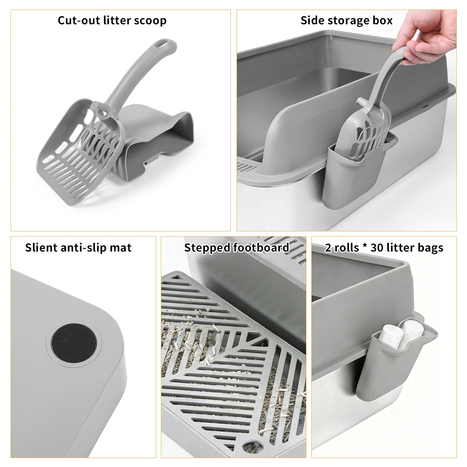 Yucurem Stainless Steel Cat Litter Box, High Sided Cat Litter Box for Small/Big/Multi Cats, with Scoop and Case, Paw Mat, 2 Rolls of 30 Bags