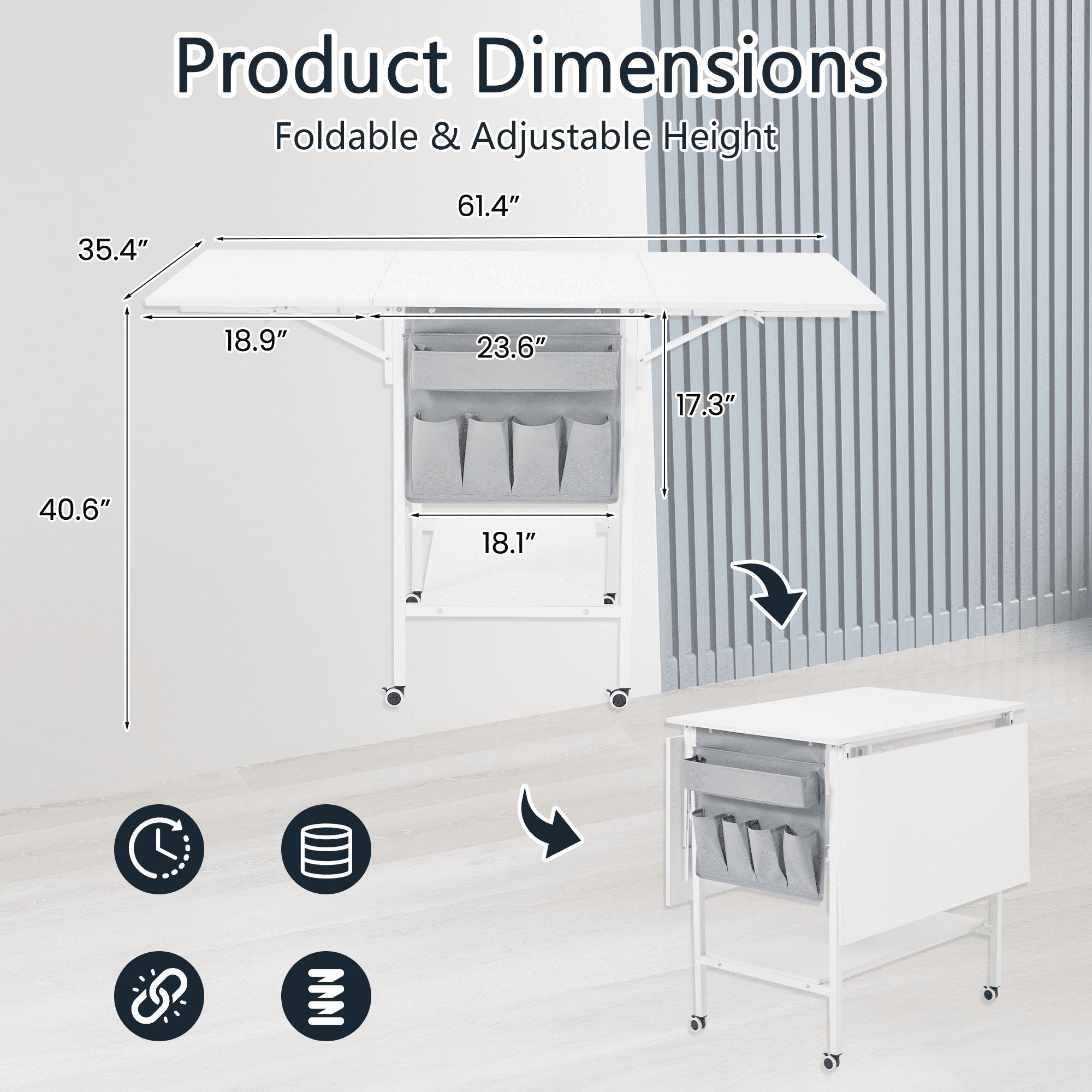 Erinnyees Sewing Table with Storage Shelves and Storage Bag, Mobile Folding Cutting Table for Large Fabric, Foldable Desk for Home Office Sewing Room Craft Room, Fixed Height 36in