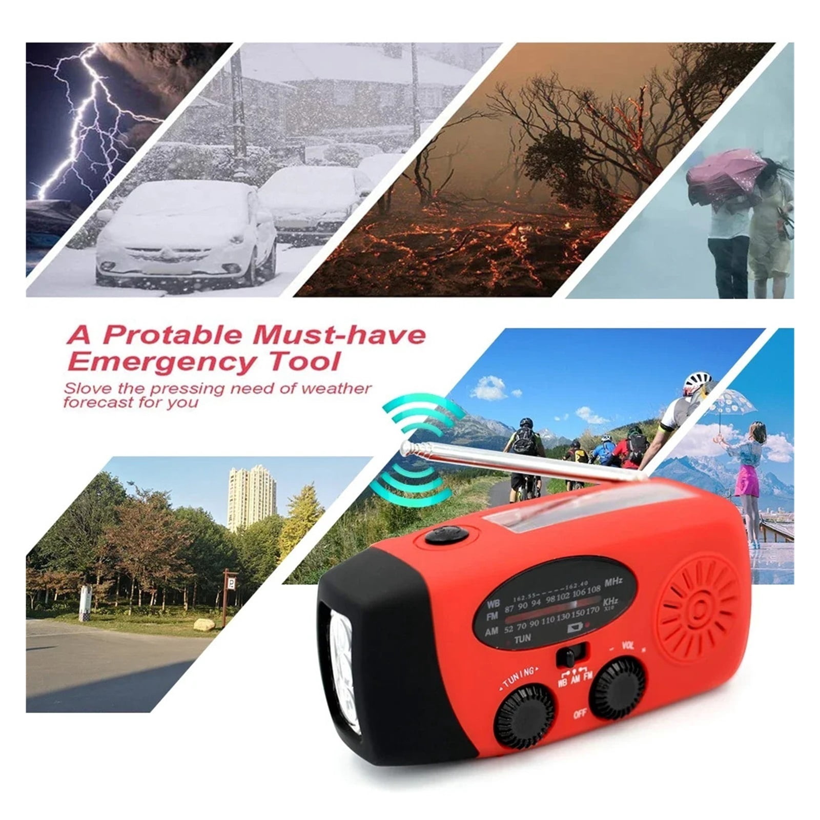 2000mAh Multifunctional Portable Solar Hand Crank Radio FM AM WB Weather Radio USB Charging Emergency Flashlight Power Bank