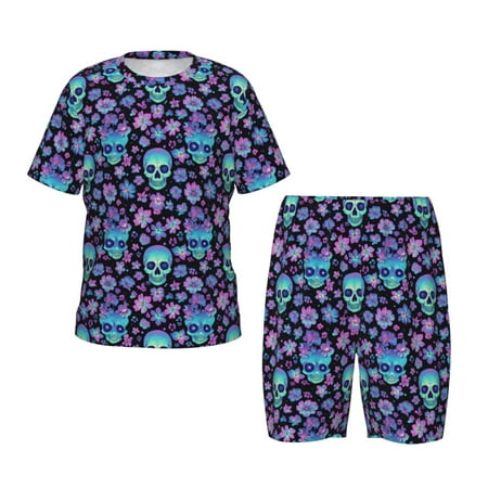 Luyuia Funny Skull Flower Print Girls  2-Piece Tie-Dye Pajama Set  Cute Summer Loungewear with Shirt and Tank Shorts Nightwear-X-Large