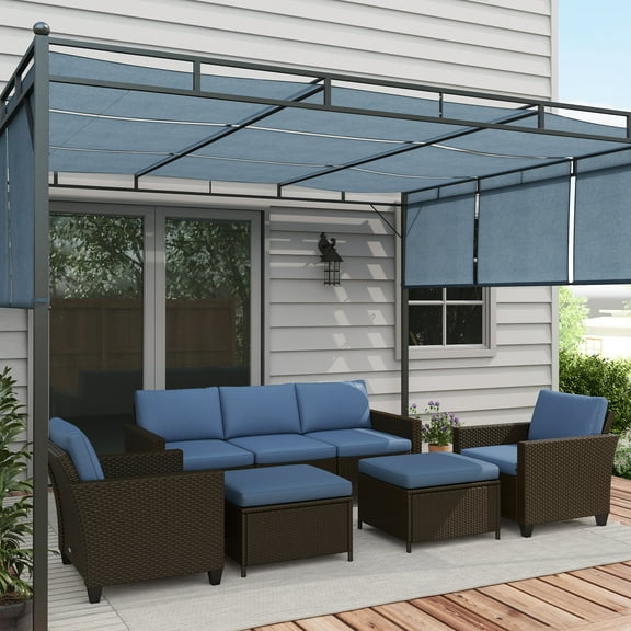 Outsunny 5 Piece Patio Furniture Set with Cushions, Outdoor Conversation Set with Rattan Three-Seater Sofa, Chairs & Footstools, Deep Coffee