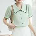 thumbnail image 5 of Stylish Olyvenn Puff Short Sleeve Cotton Linen Blouse for Women's Collared Summer Fashion Casual Work Button Down Shirt Tops Green M, 5 of 9