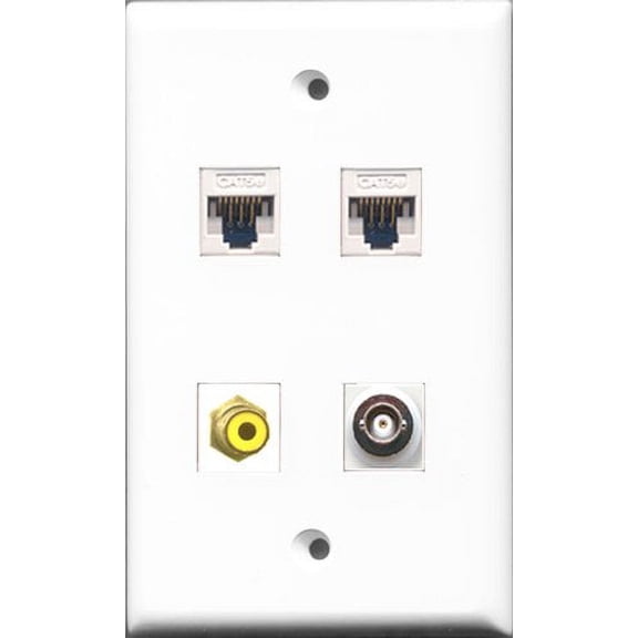 RiteAV - 1 Port RCA Yellow and 1 Port BNC 2 Port Cat5e Ethernet White Wall Plate