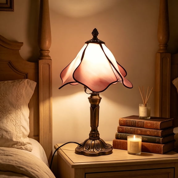 Wavy Petal Stained Glass Table Lamp, Vintage Handcrafted Art Glass Bedside Night Light with Soft Warm Glow for Bedroom Living Room Home Decor