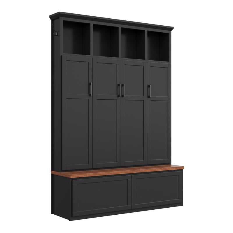 Modern Farmhouse Hall Tree with Bench and Storage Cabinets, Entryway Coat Rack with 6 Hooks, 4 Hidden Cabinets, Drawers and Open Shelves, Mudroom Organizer for Hallway, Living Room