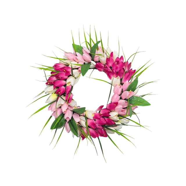 Artificial Tulips Wreath for Spring Home Decor, Durable Plastic Door Hanging, Rattan Wall Hanging Seasonal Ornament
