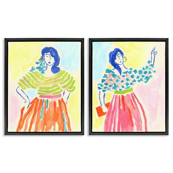 Stupell Industries Stylish Women Bright Hues People Painting Black Floater Framed Canvas Art Print Wall Art, 17 x 21, Set of 2