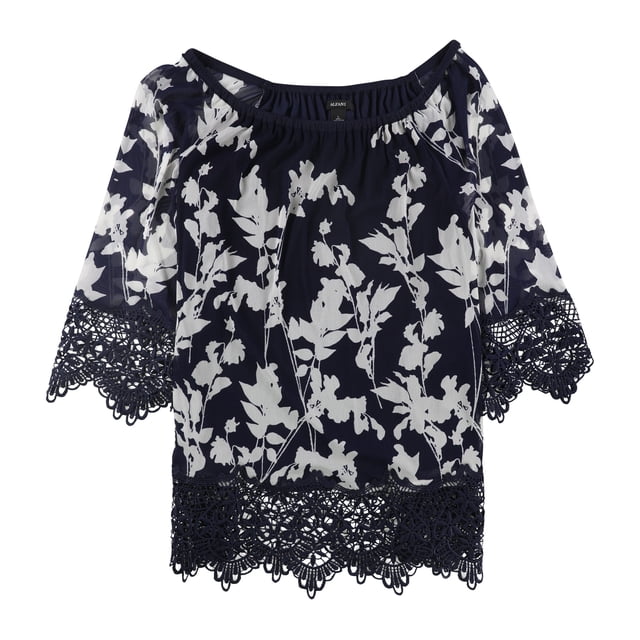 Alfani Blusa de ganchillo con hombros descubiertos para mujer, azul, grande